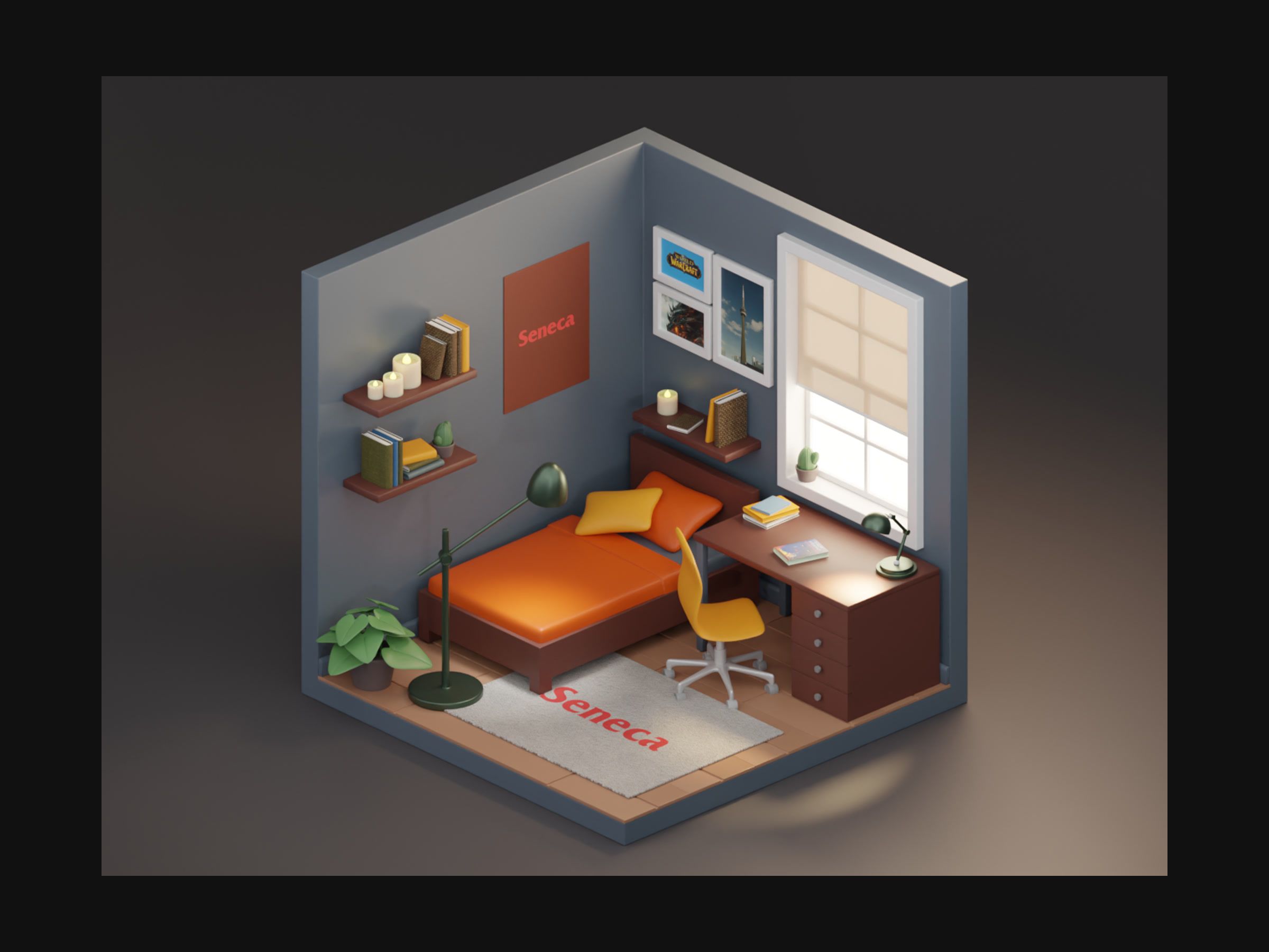 An isometric bedroom with a bed, desk, shelves, window and Seneca rug, on a grey backdrop.